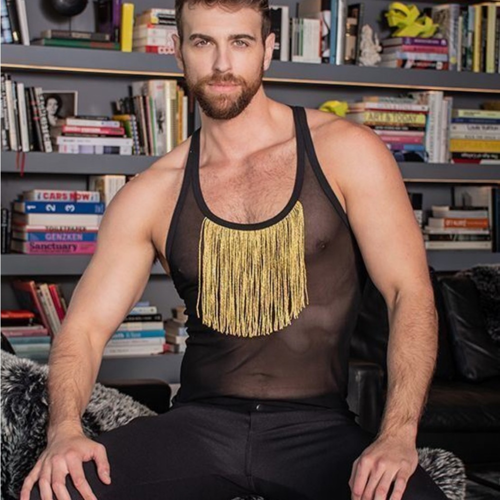 Andrew Christian Black Tank Top with Gold Fringe